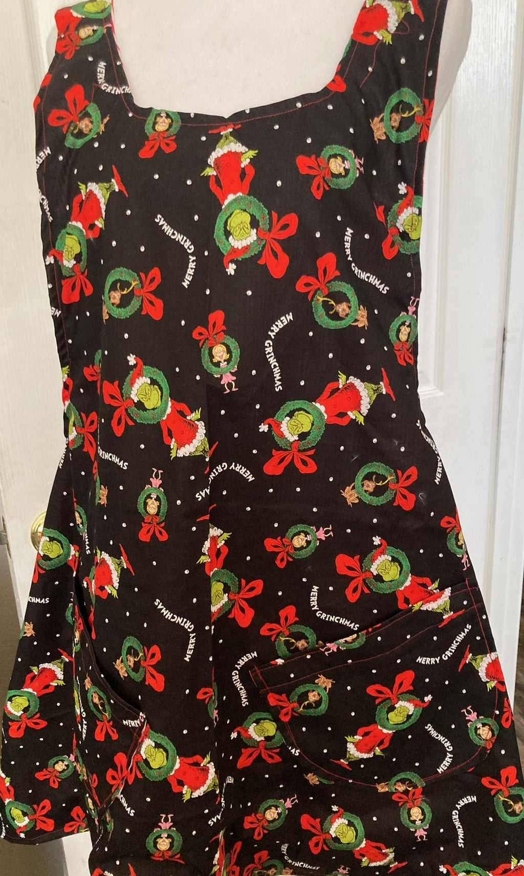 Merry Grinchmas handmade apron, Christmas reversible cross back, Grinch and friends
