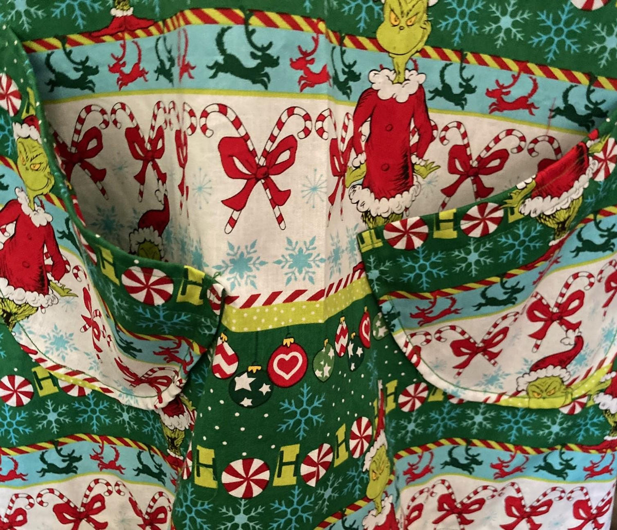 Grinch is Back, dancing candy canes, handmade Christmas apron, reversible cross back