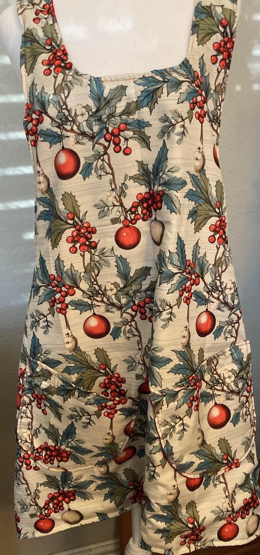 Christmas ornaments, Holly and berries, handmade reversible cross back apron, gift for Mom