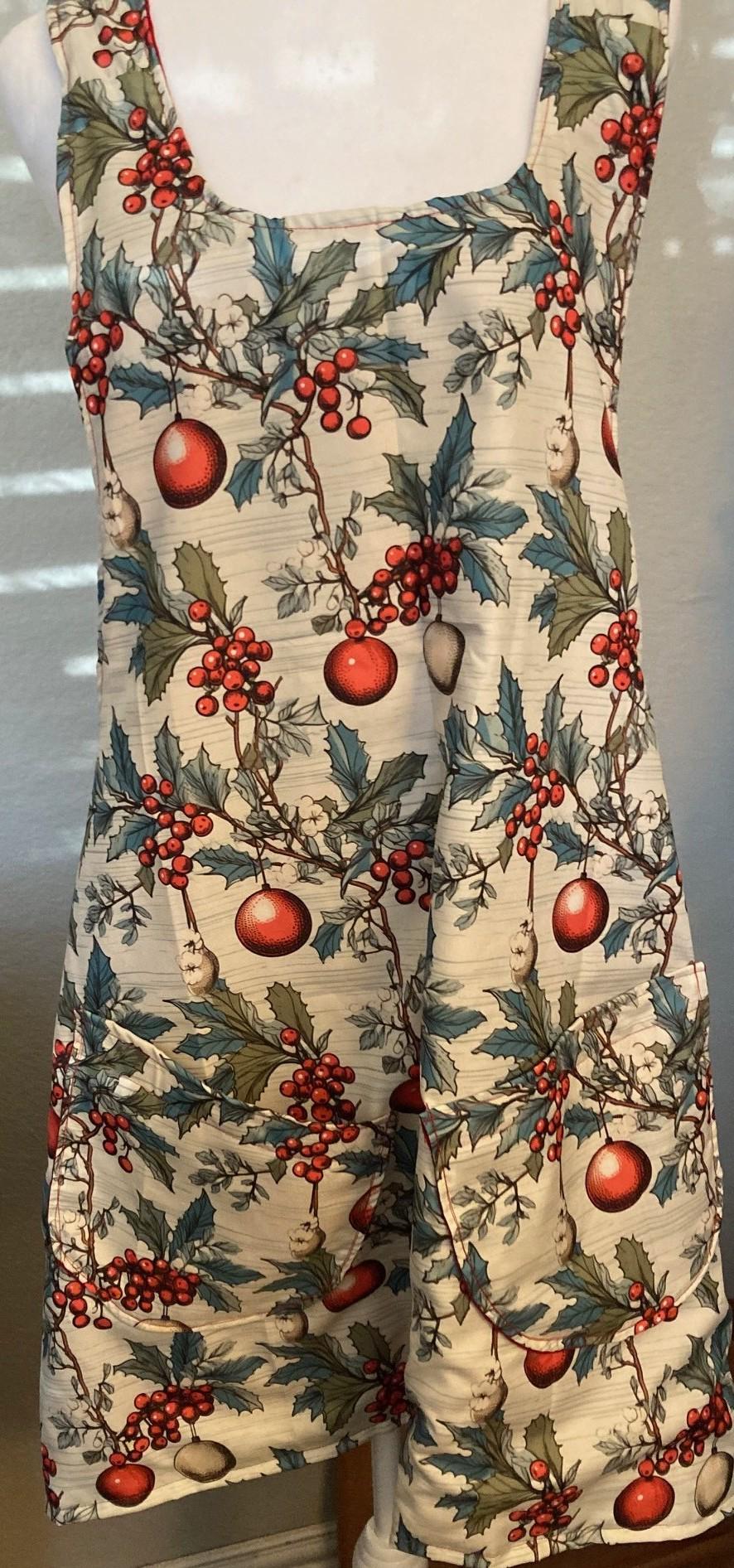 Christmas ornaments, Holly and berries, handmade reversible cross back apron, gift for Mom