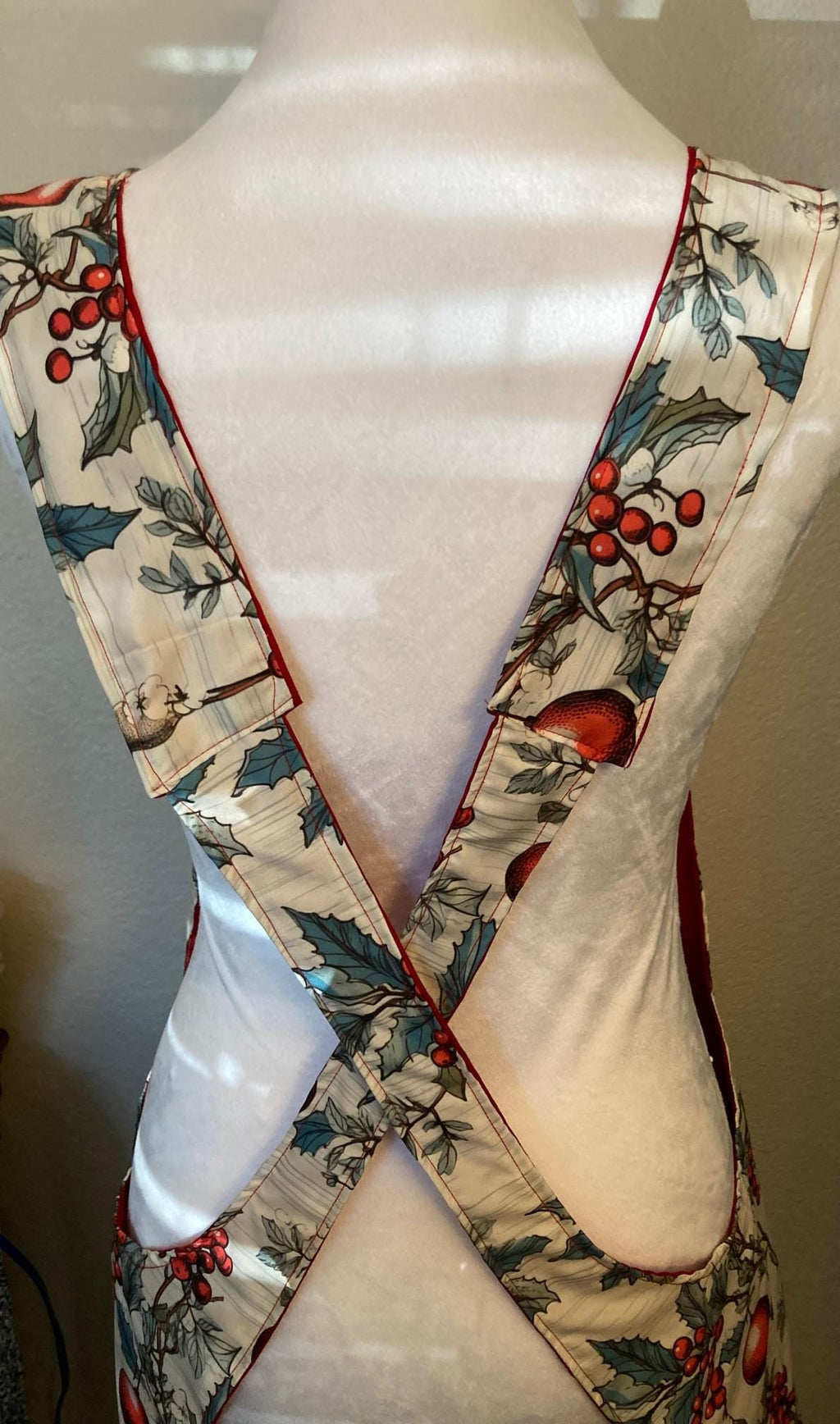 Christmas ornaments, Holly and berries, handmade reversible cross back apron, gift for Mom