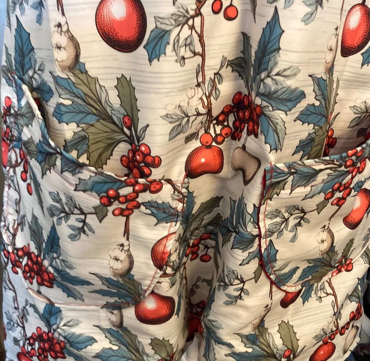 Christmas ornaments, Holly and berries, handmade reversible cross back apron, gift for Mom