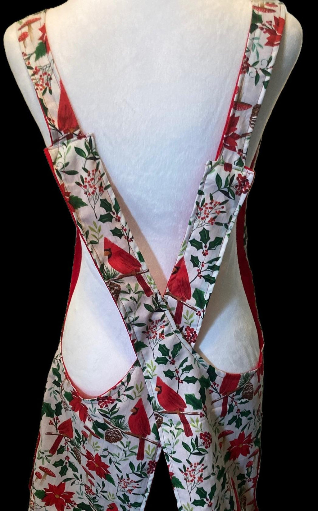 Red Christmas Cardinals, Handmade reversible Cross Back Apron,