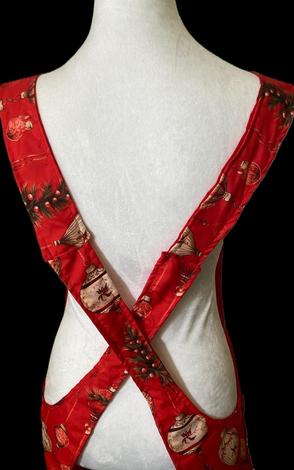 Soft lightweight Christmas apron, Classic ornaments on handmade apron, Reversible cross back style