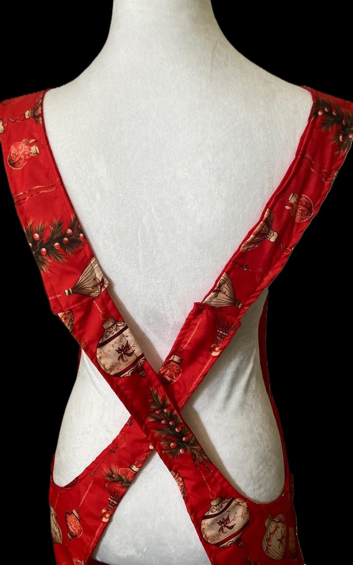Soft lightweight Christmas apron, Classic ornaments on handmade apron, Reversible cross back style