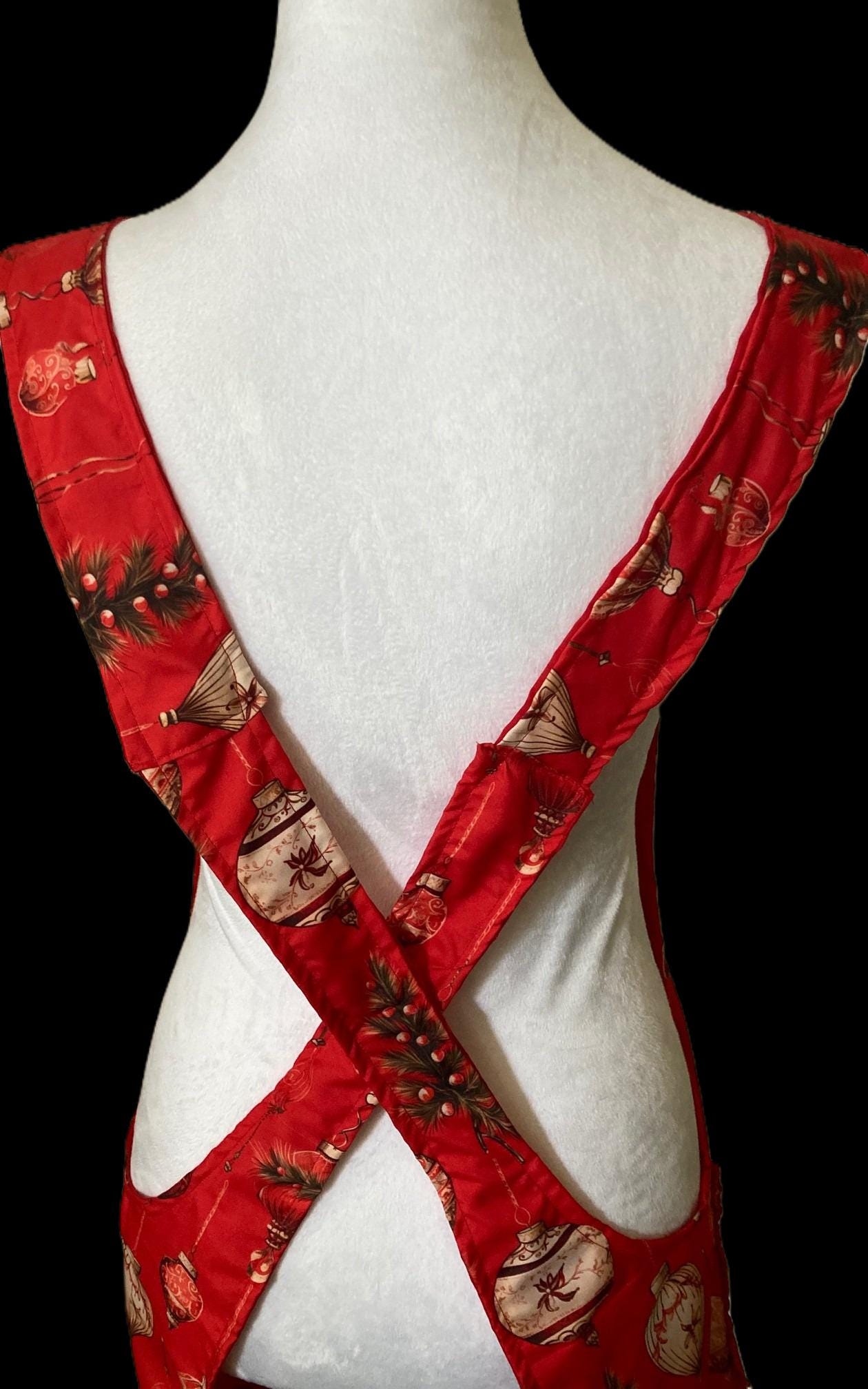 Soft lightweight Christmas apron, Classic ornaments on handmade apron, Reversible cross back style
