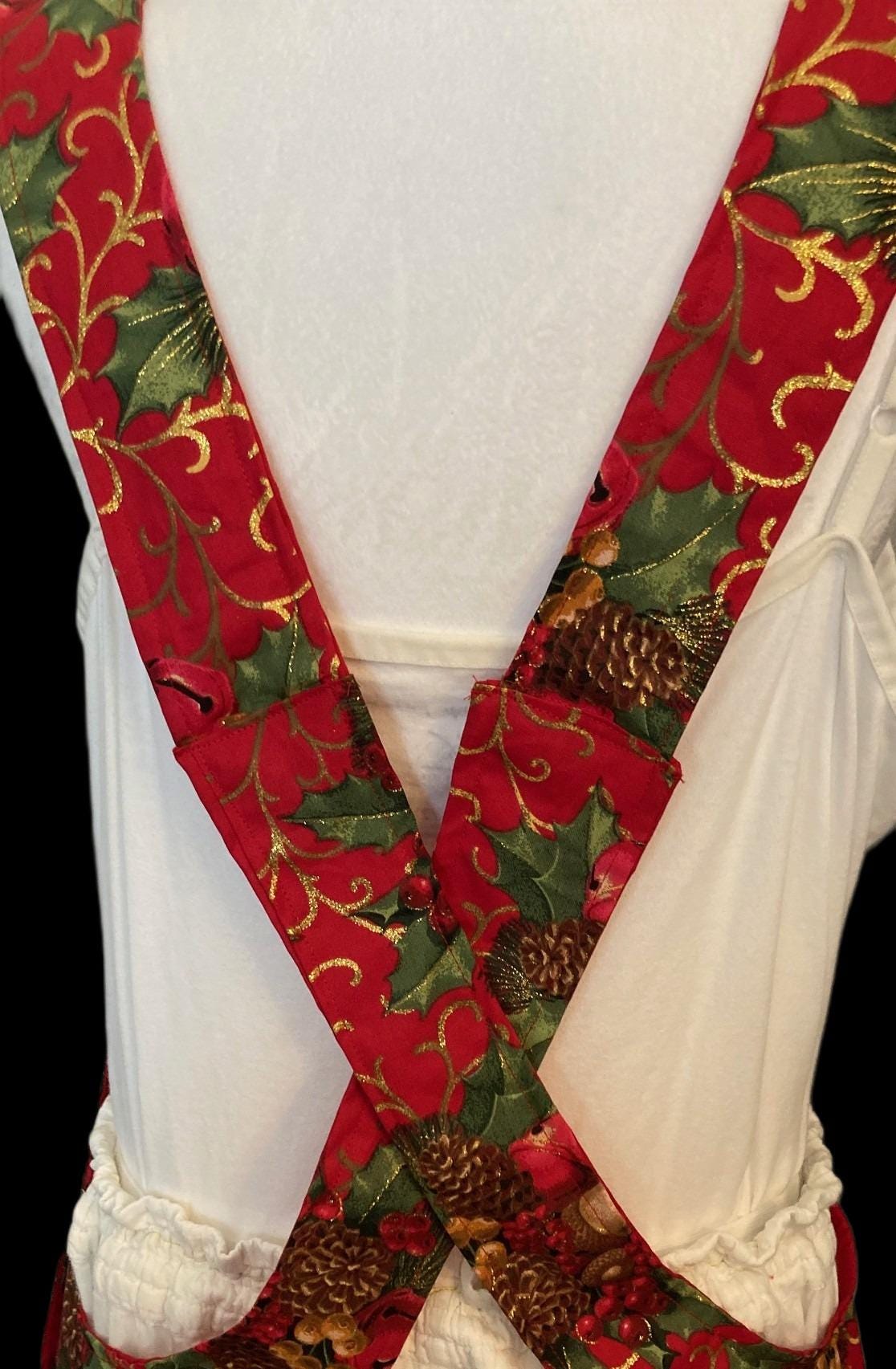 Handmade Holly Bells Christmas Apron, Glitter Reversible Cross Back, Gift for Mom