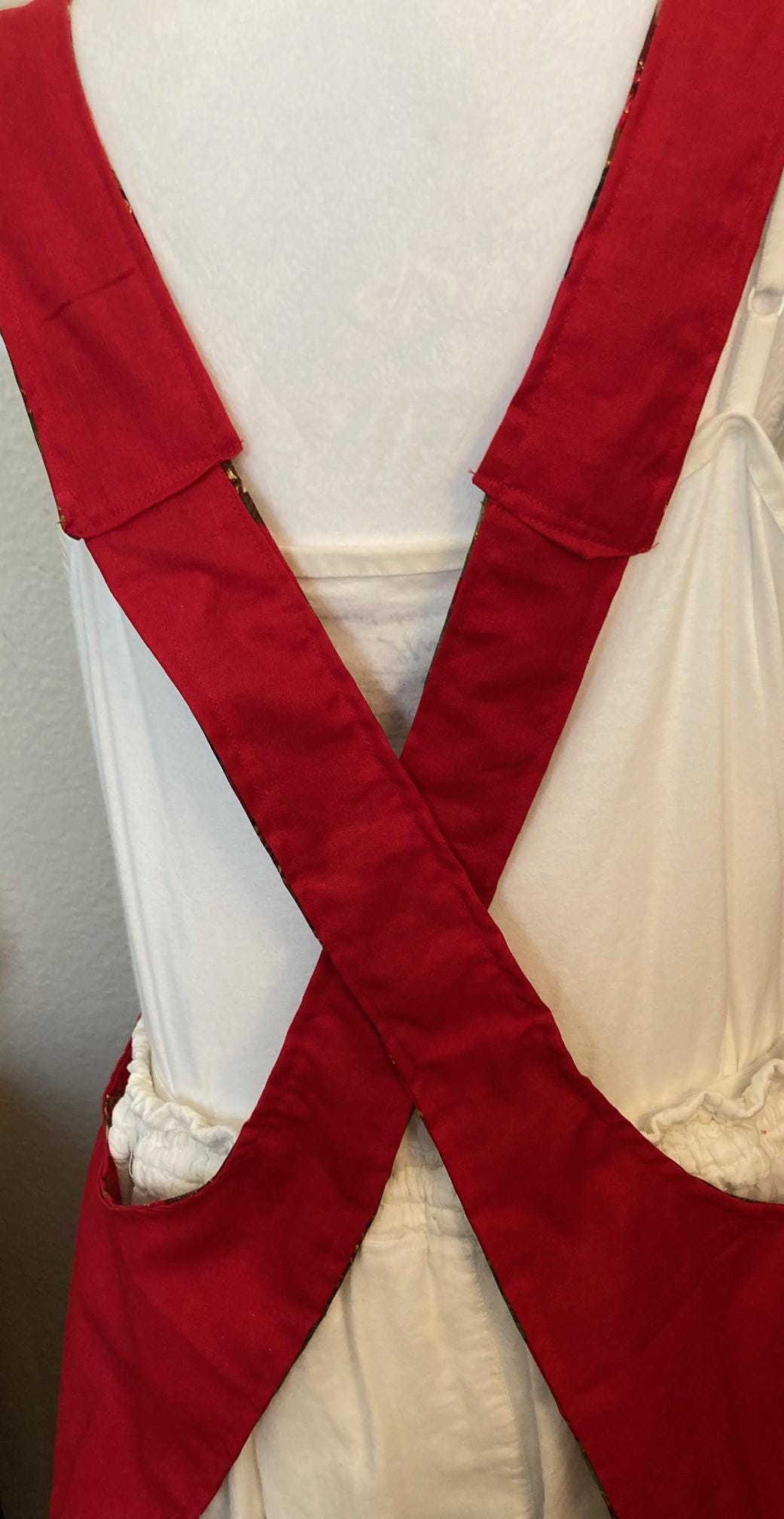 Handmade Holly Bells Christmas Apron, Glitter Reversible Cross Back, Gift for Mom