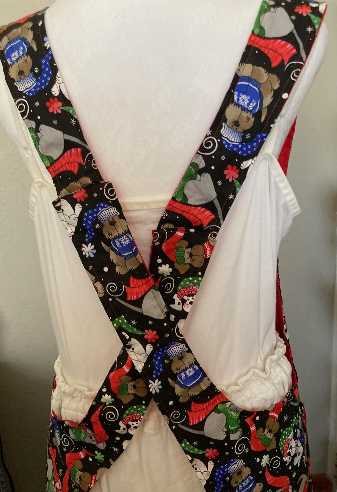 Winter Dogs Christmas Apron, handmade reversible cross back style, gift for dog lover