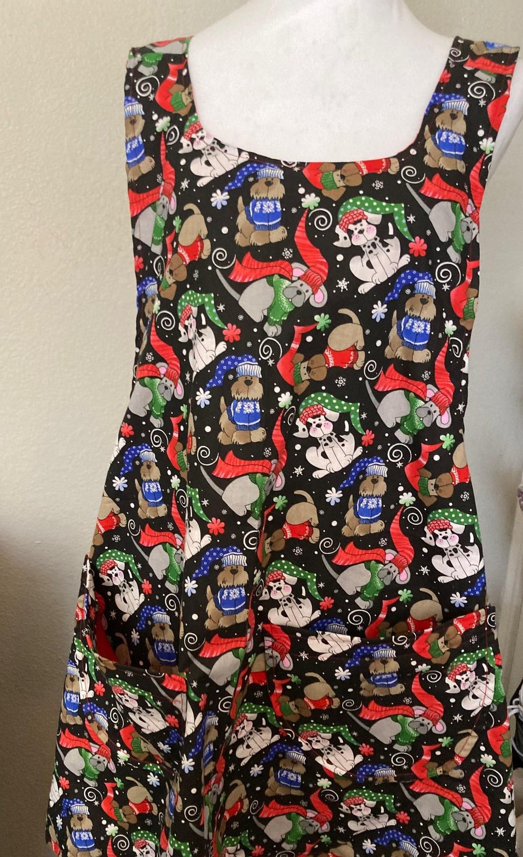 Winter Dogs Christmas Apron, handmade reversible cross back style, gift for dog lover