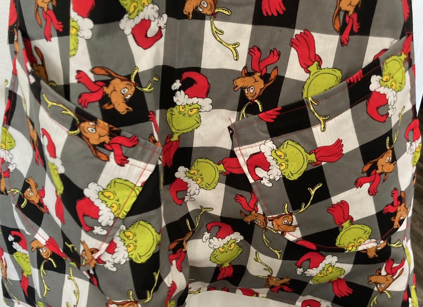 Grinch and Dog Christmas apron, handmade reversible cross back, black and white check