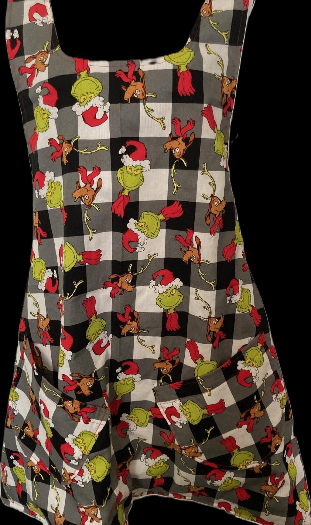 Grinch and Dog Christmas apron, handmade reversible cross back, black and white check