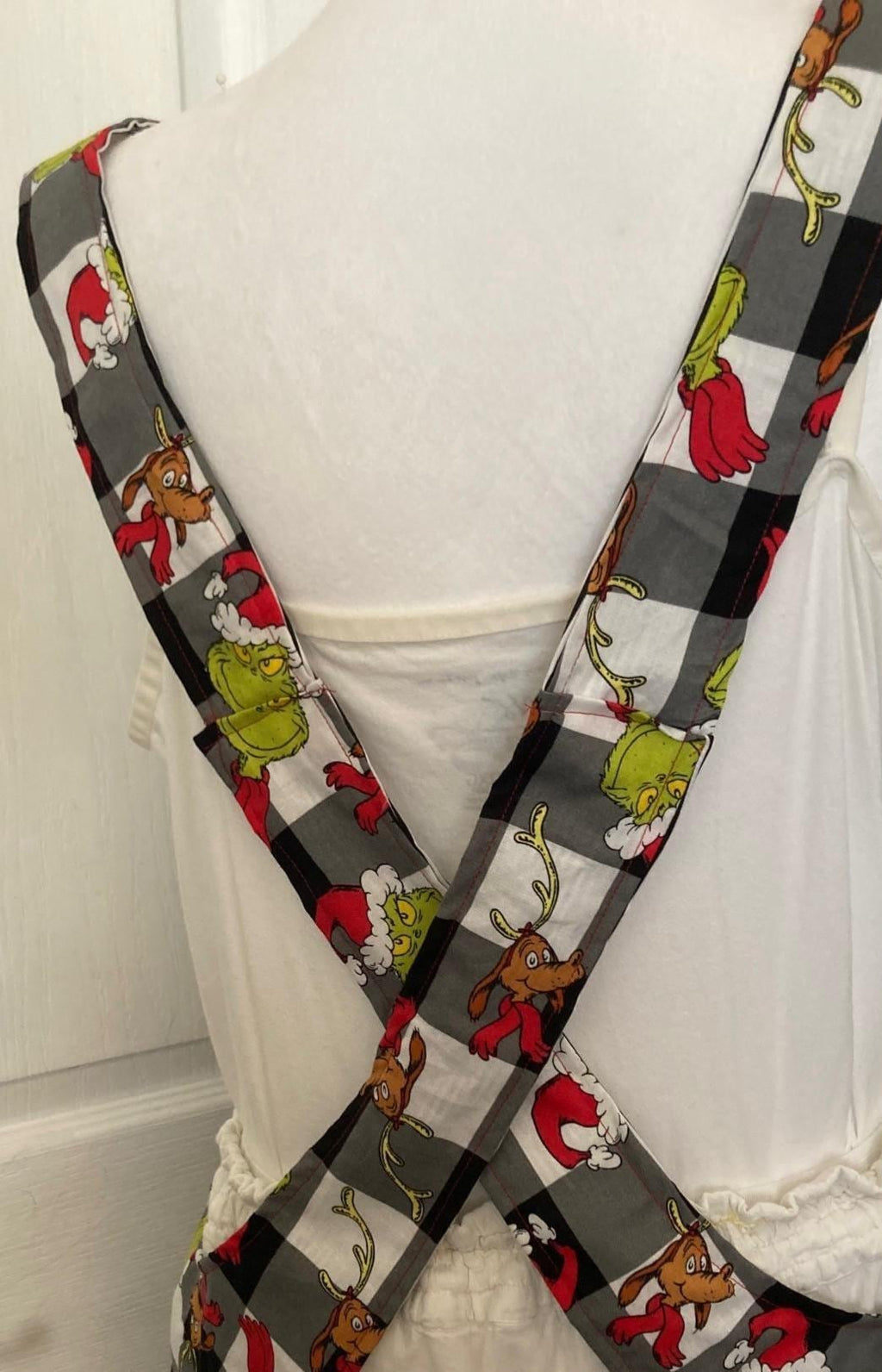 Grinch and Dog Christmas apron, handmade reversible cross back, black and white check