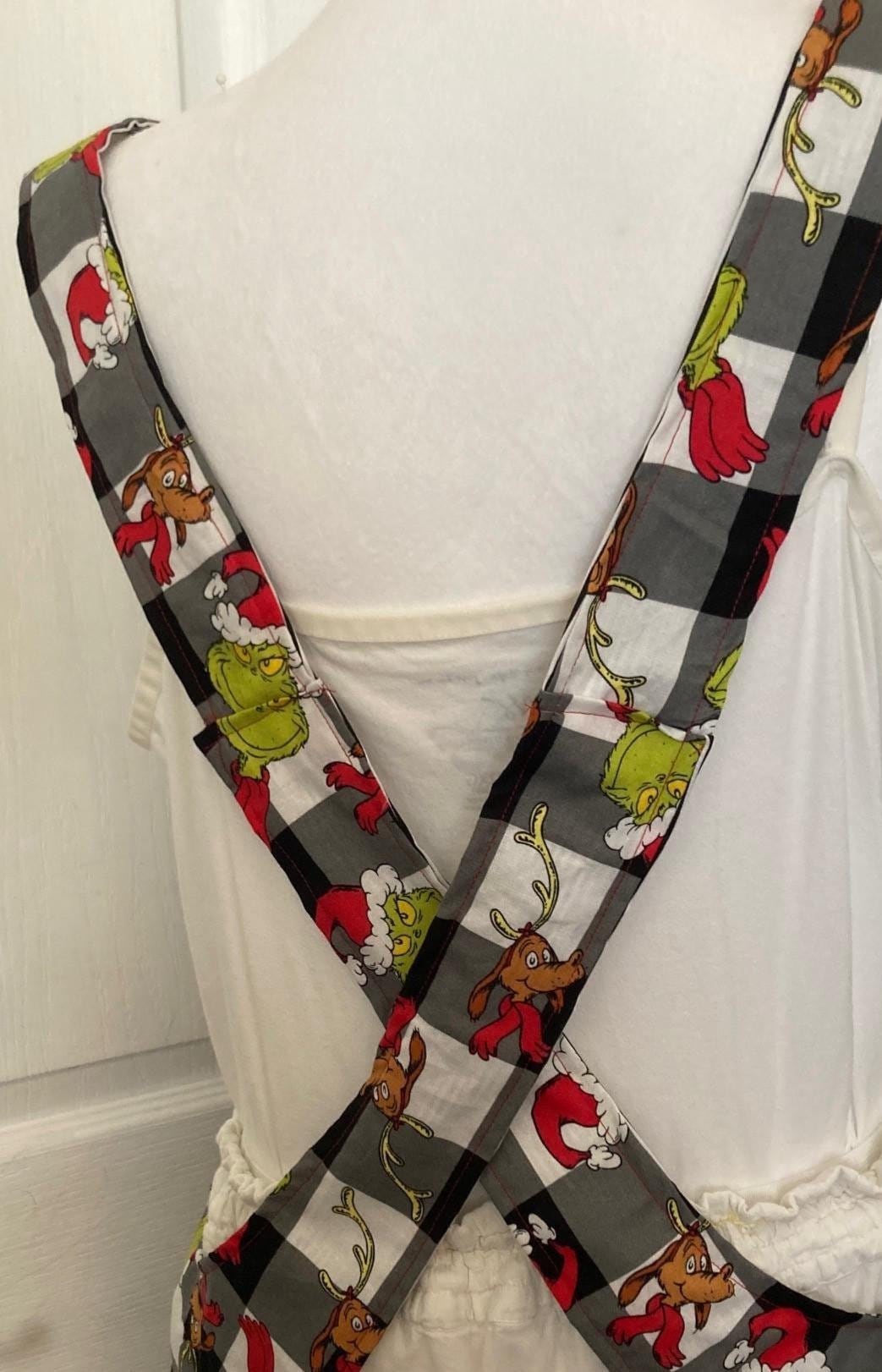 Grinch and Dog Christmas apron, handmade reversible cross back, black and white check