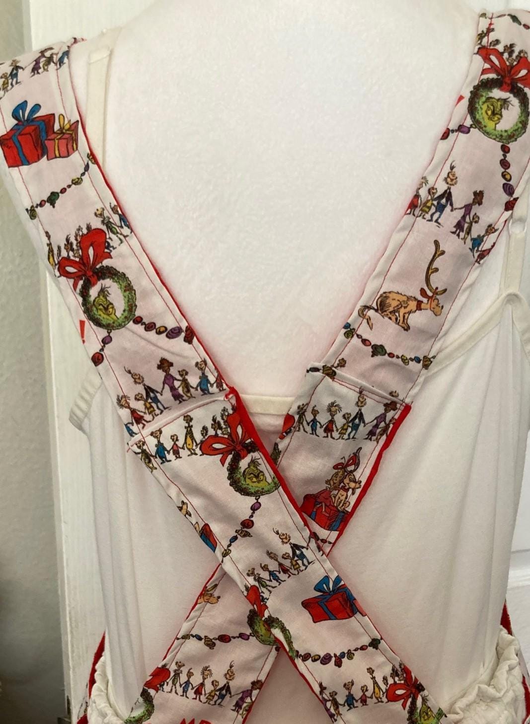 The Whos of Whoville, handmade Christmas apron, reversible cross back apron, Merry Grinchmas