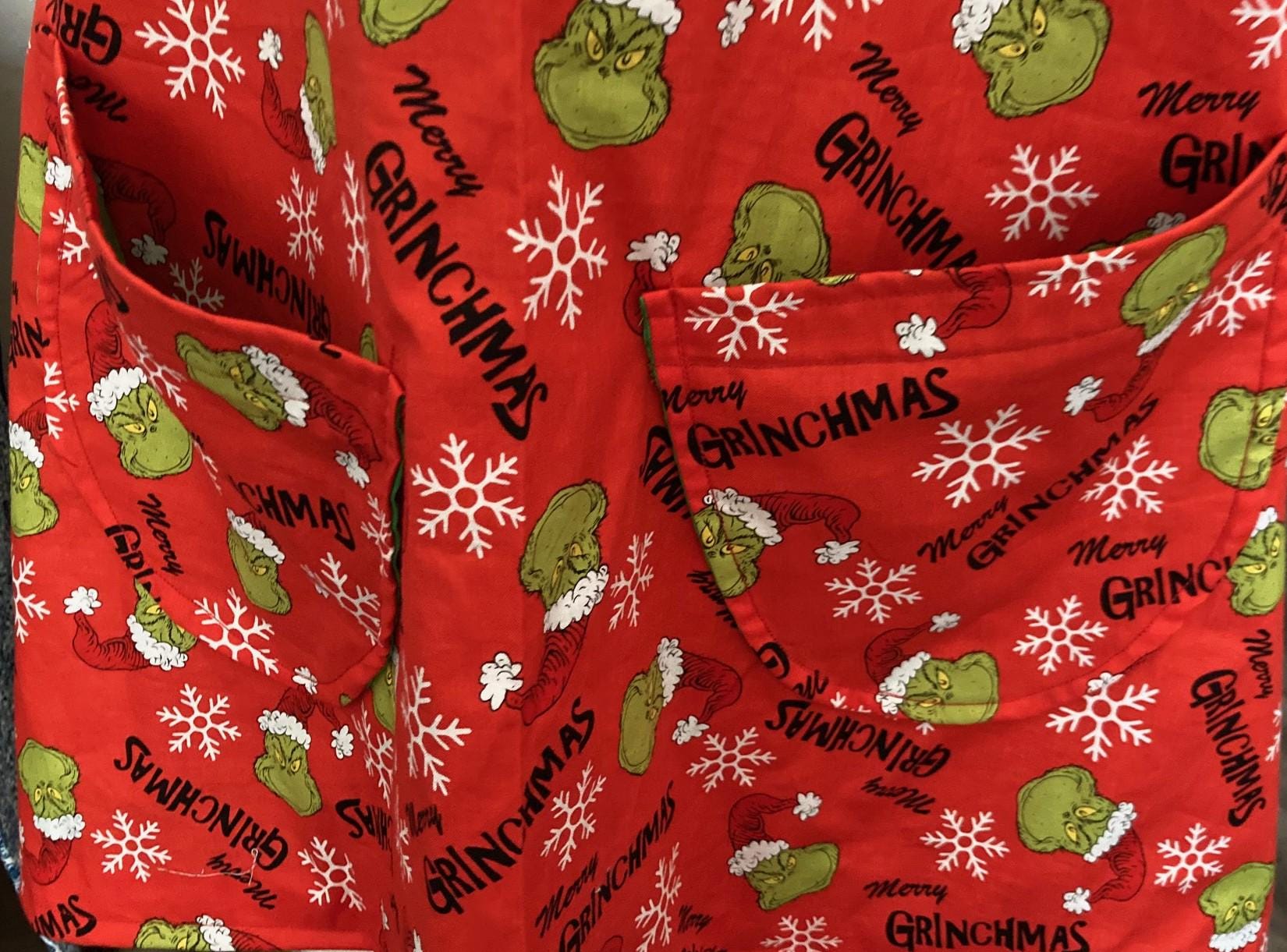 Handmade Grinch Faces apron, Merry Grinchmas, reversible cross back apron,