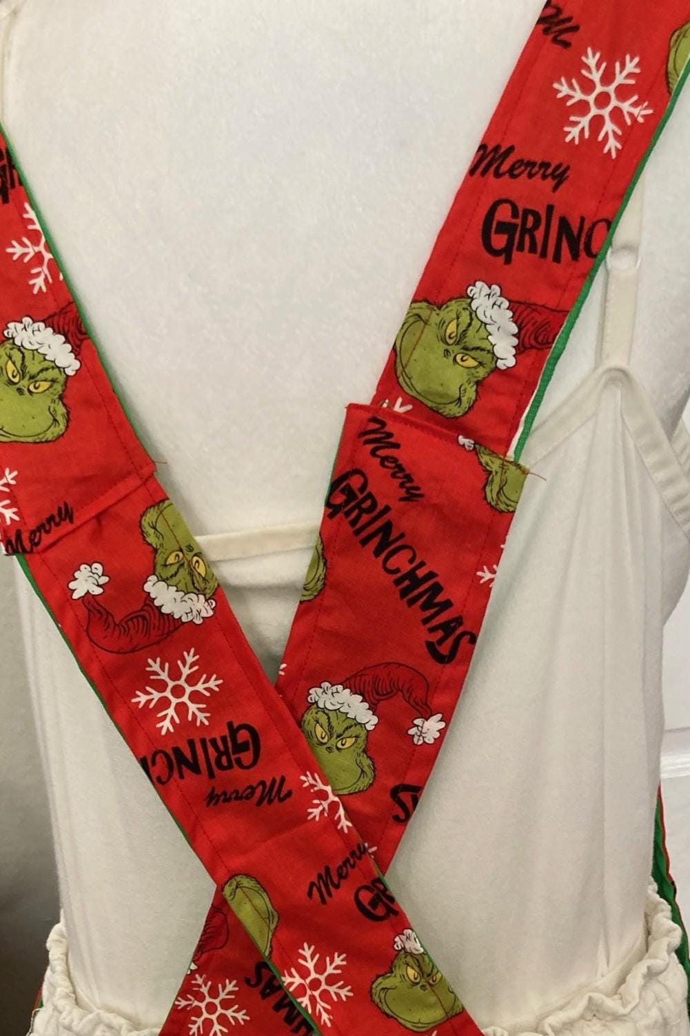 Handmade Grinch Faces apron, Merry Grinchmas, reversible cross back apron,