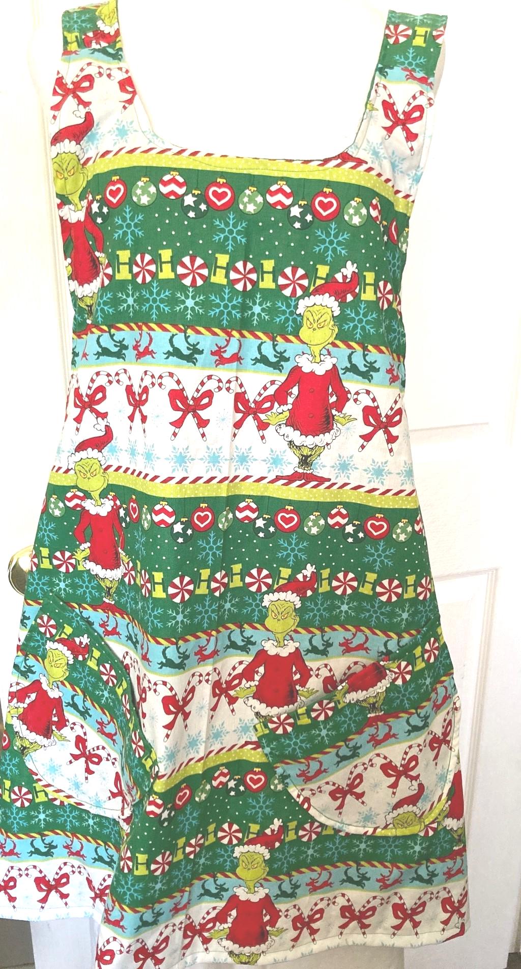 Grinch is Back, dancing candy canes, handmade Christmas apron, reversible cross back