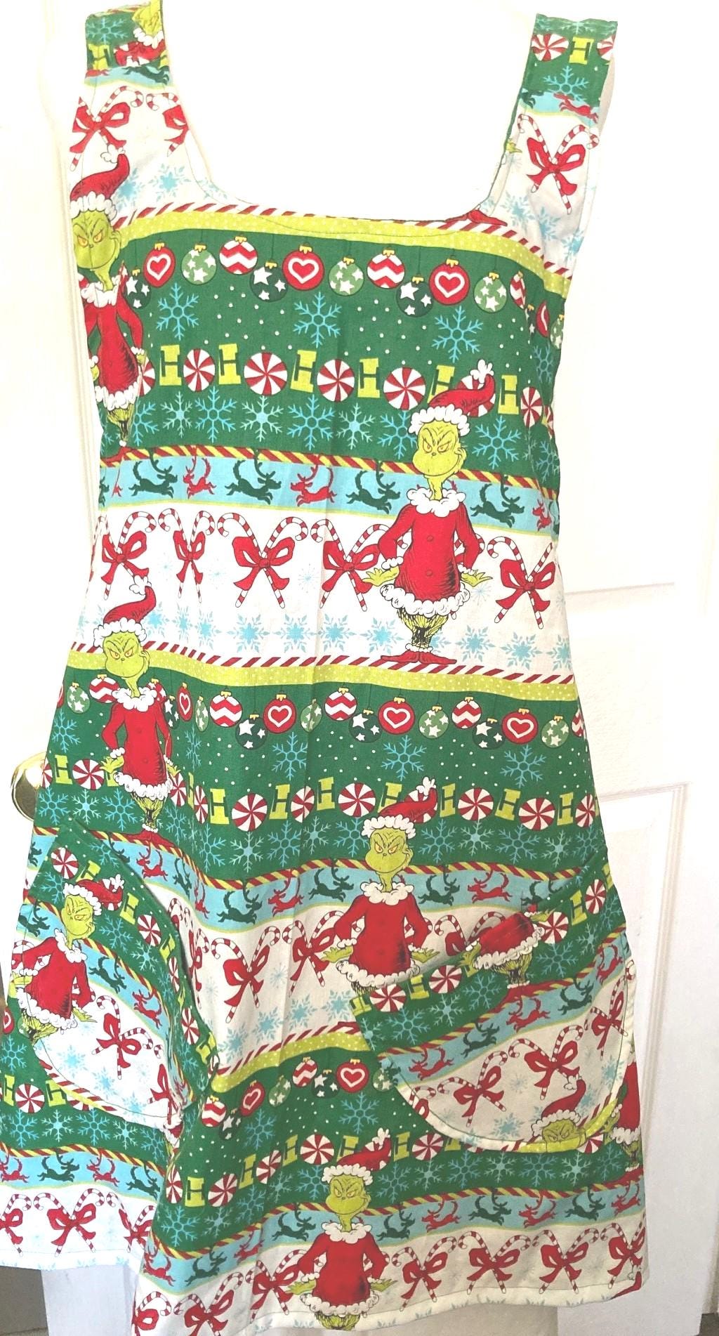 Grinch is Back, dancing candy canes, handmade Christmas apron, reversible cross back