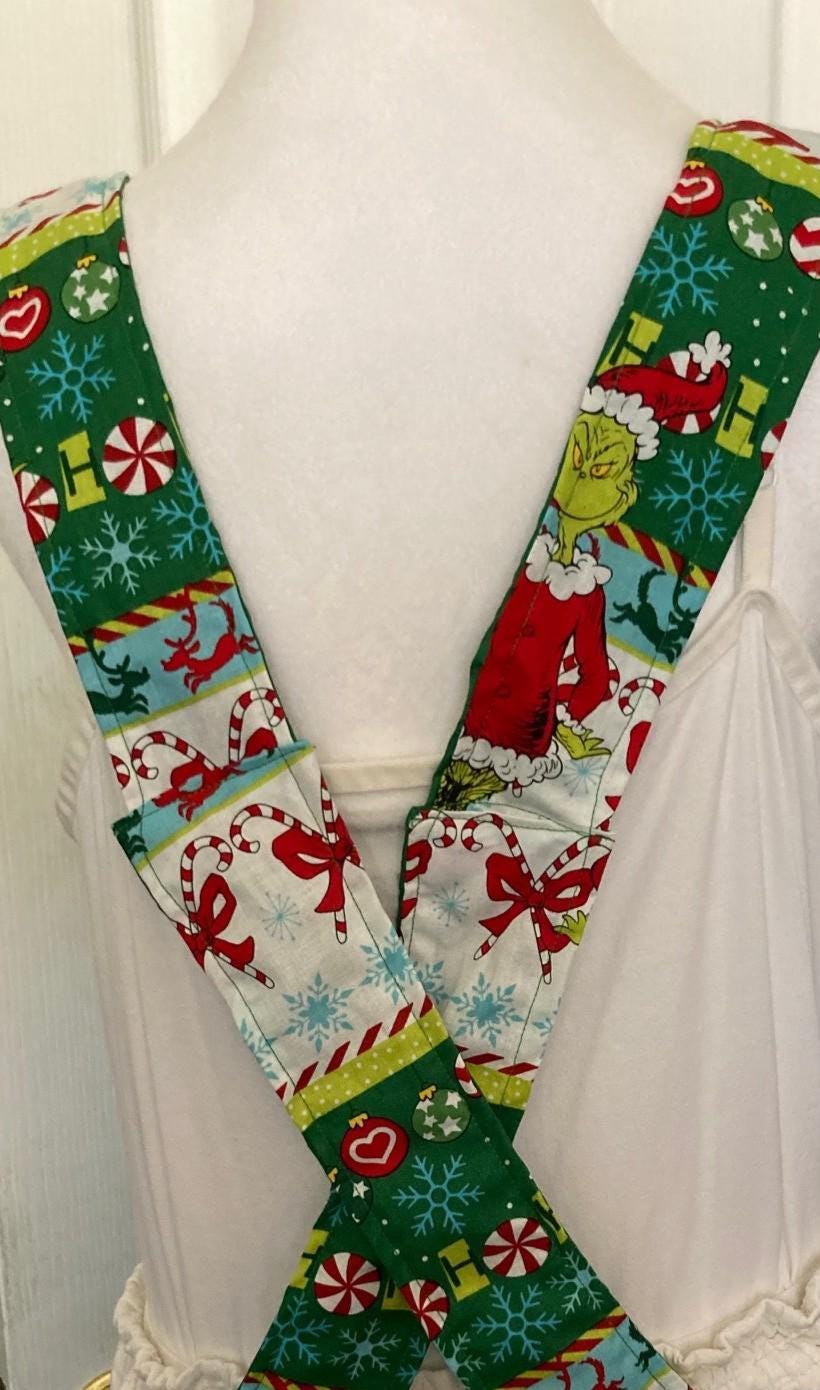 Grinch is Back, dancing candy canes, handmade Christmas apron, reversible cross back