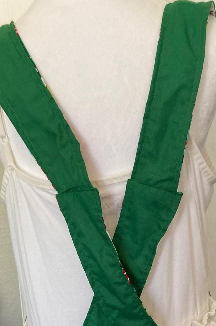 Grinch is Back, dancing candy canes, handmade Christmas apron, reversible cross back