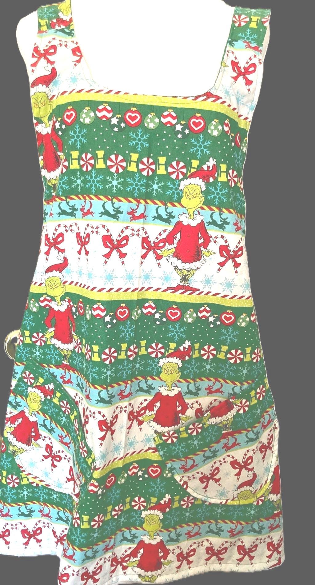 Grinch is Back, dancing candy canes, handmade Christmas apron, reversible cross back