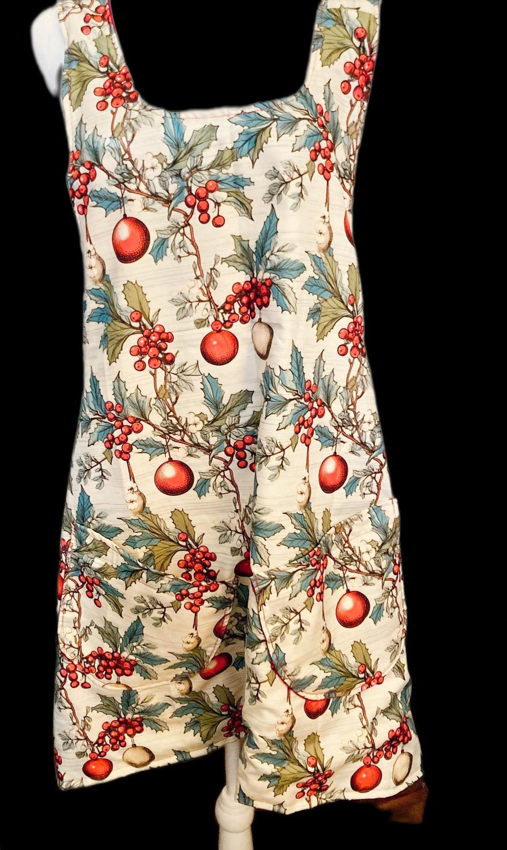 Christmas ornaments, Holly and berries, handmade reversible cross back apron, gift for Mom