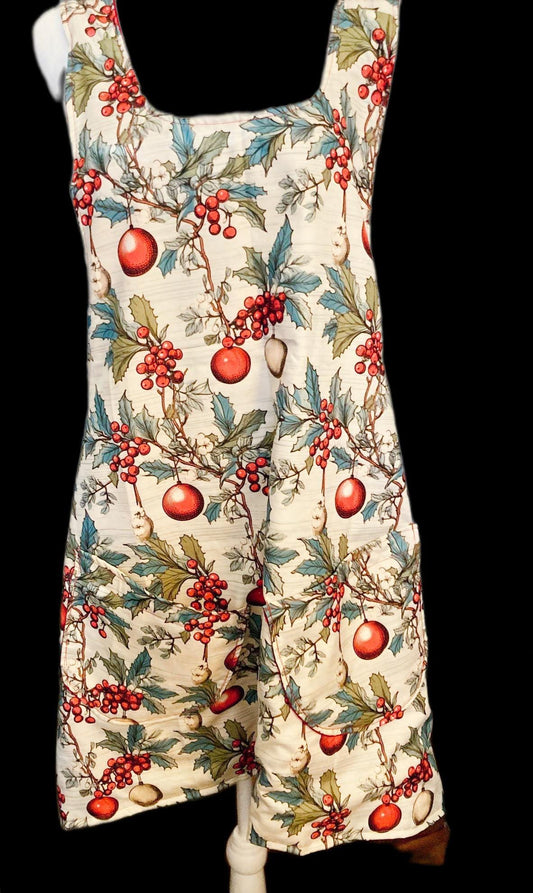 Christmas ornaments, Holly and berries, handmade reversible cross back apron, gift for Mom